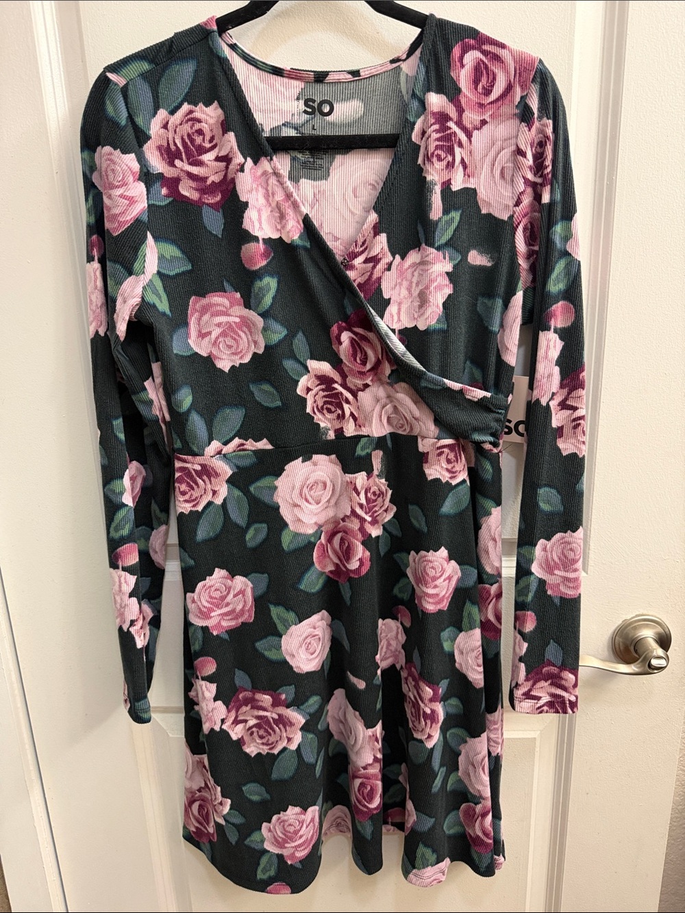 SO Dark Green Floral Wrap Long Sleeve Dress with Pink Roses